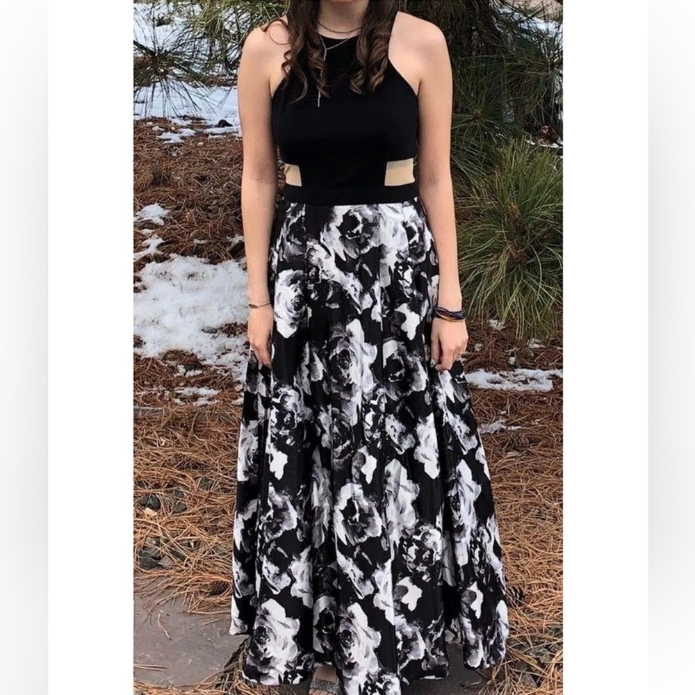Blondie Nites Black and White Floral Prom Dress